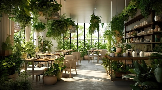 室内绿洲带花园和花店的咖啡馆的 3D 渲染