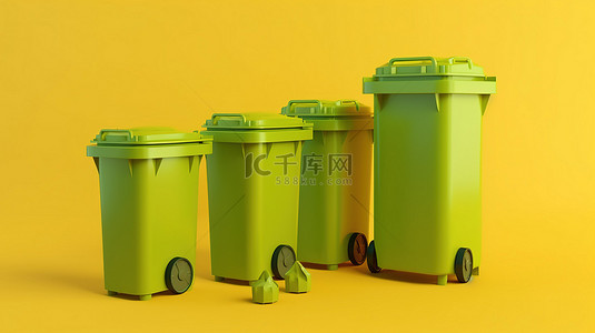 绿色垃圾桶 3d 模型的不同角度放置在充满活力的黄色背景下