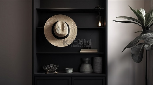 帽子样机背景图片_现代禅宗客厅，壁柜上有一顶黑色帽子
