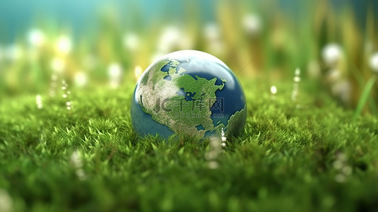 绿草背景，中心布局中地球环境日横幅 3D 渲染