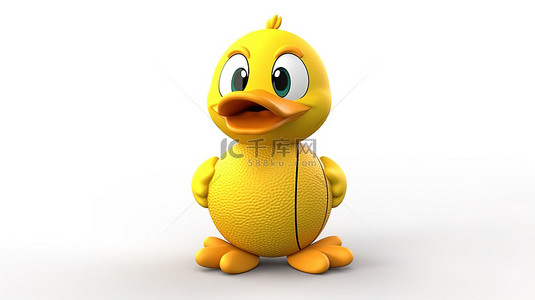 用 3D 技术创建的白色背景球的可爱篮球打黄色卡通鸭吉祥物