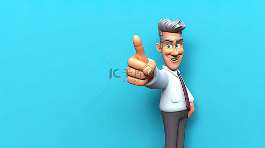 商业手指用一根手指指着横幅背景的 3D 卡通插图