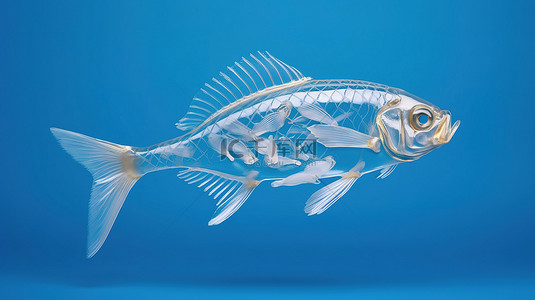 蓝色隔离鱼骨架的 3d 图形