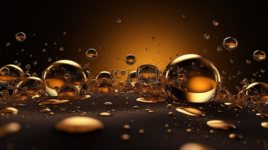 闪闪发光的 3D 气泡充满金色液体，漂浮在空气中，非常适合豪华假日模板或金色海报设计