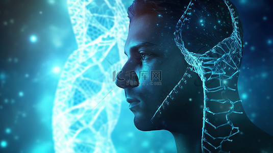 用户人物元素背景图片_3D 渲染医学背景中的男性人物 DNA 链和大脑