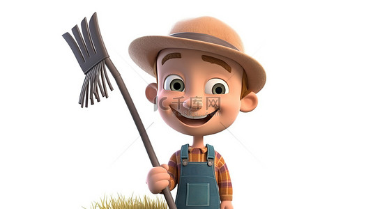 穿着工作服拿着大耙子的开朗小农夫 3D 插图