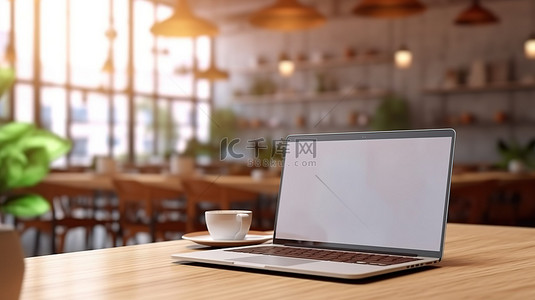 咖啡桌上有空白屏幕的笔记本电脑的 3D 渲染与模糊的联合办公空间背景