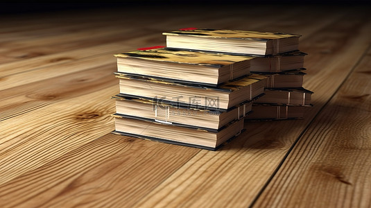木质背景上一堆书的 3D 渲染