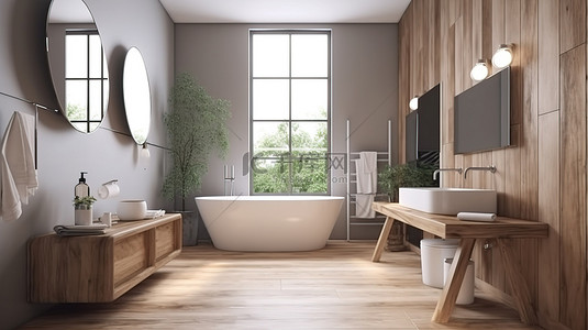 木制浴室和卫生间，在 3D 渲染中具有窗口视图
