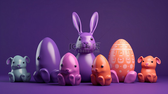 复活节兔子和彩蛋背景图片_复活节兔子和充满活力的鸡蛋在俏皮的紫色背景上以 3D 呈现