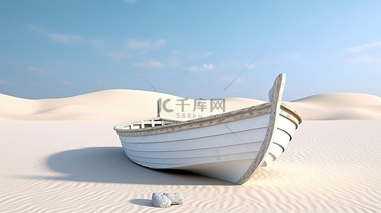 一艘白色油漆木船停在沙滩上的精美 3D 渲染