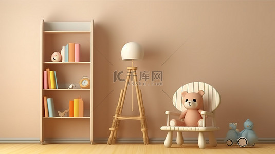 3D 渲染墙上有可爱的玩具家具和书籍，有充足的复制空间