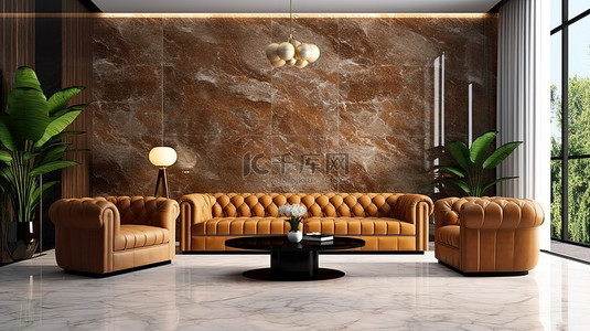 真皮腰带背景图片_优雅的客厅装饰，在豪华的大理石地板上配有棕色真皮沙发 3d 渲染