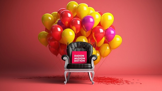 象征业务增长和发展的气球和椅子的 3D 渲染