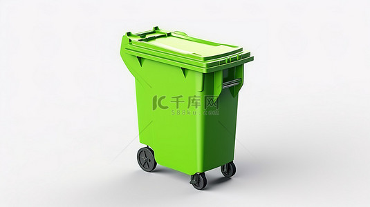 白色背景 3D 渲染上等距视图中的封闭盖绿色轮式垃圾箱