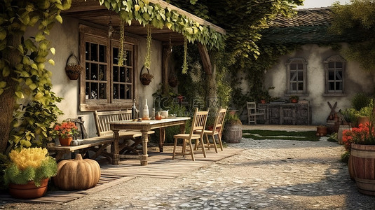 古朴的庭院场景椅子和食物在老乡村别墅的木凳上 3D 渲染