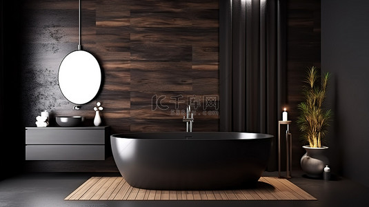 现代昏暗浴室室内设计，配有木制浴缸和 3D 渲染镜面反射