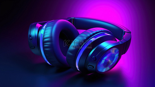 音频专辑背景图片_身临其境的 3D 音频体验蓝色耳机在充满活力的紫色背景下