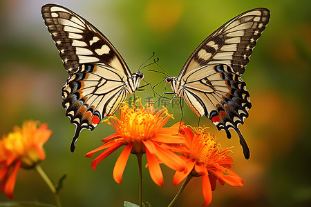 一对蝴蝶栖息在一朵橙色的花上