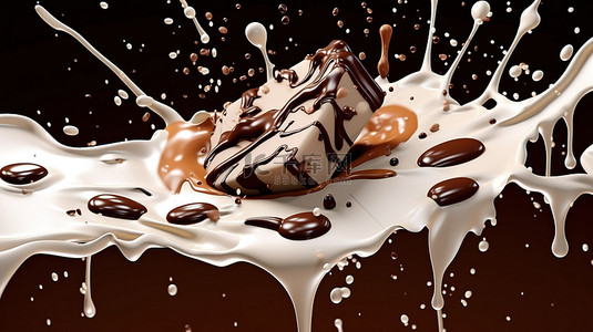 巧克力块层叠成巧克力酱和牛奶奶油飞溅池的 3D 插图