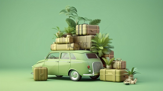 复古汽车冒险老式车辆装满行李，周围环绕着 3D 渲染的绿色旅行装备
