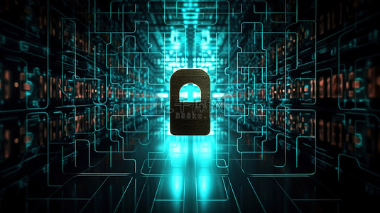微电路表面上带有光泽黑色锁的技术墙 3D 渲染，说明网络空间和数据安全概念