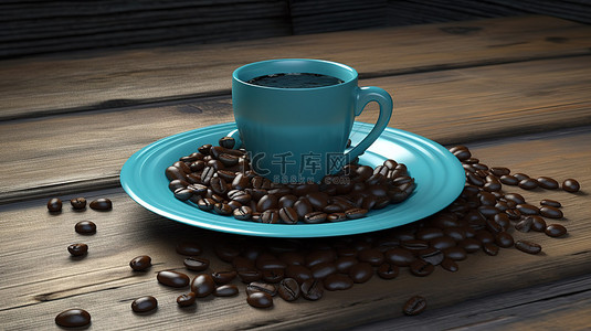 喝咖啡背景图片_咖啡杯和豆子的 3d 渲染，镀在蓝色橡木纹理背景上，餐巾