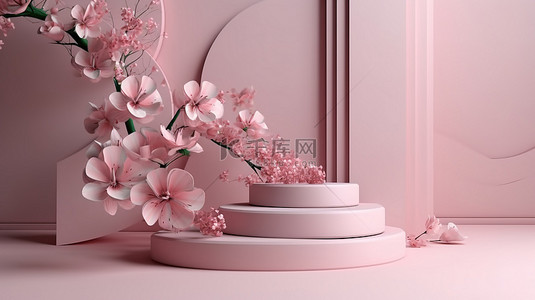 花朵美容背景图片_3D 渲染中的柔和粉红色花朵与令人惊叹的讲台，适合您的情人节美容或春季项目