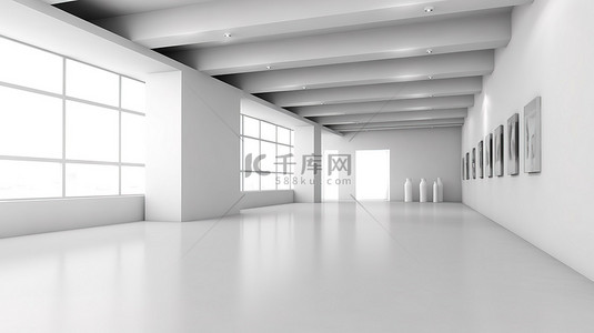 酒店背景背景图片_简约的陈列室，干净的白色墙壁和宽敞的地板现代 3D 室内设计