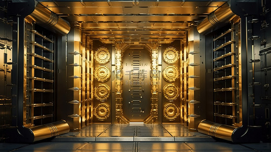 宽敞的银行金库的 3D 渲染，带有敞开的门梯和堆满金条的架子