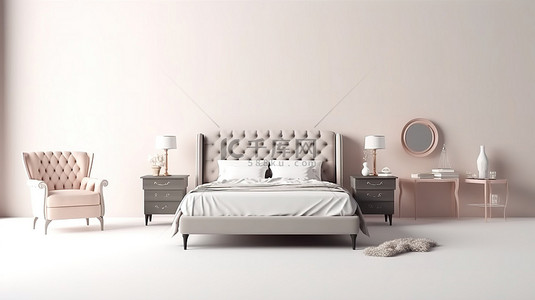 干净的白色背景上永恒的 3D 卧室家具