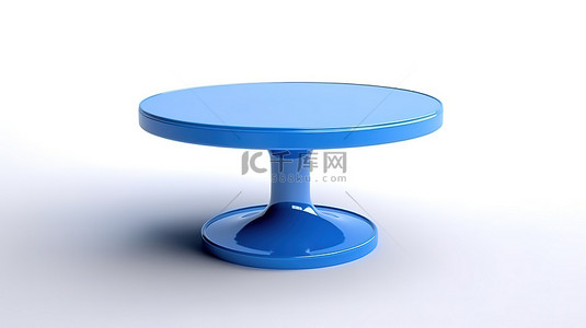 白色背景下当代蓝色塑料圆桌的 3D 渲染
