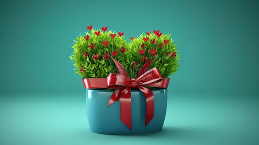 蓝色背景下花盆中绑着绿草心的红丝带的 3D 渲染