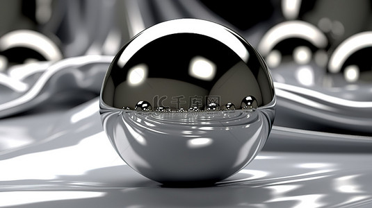 银波背景上有反射的闪亮银球的 3D 渲染