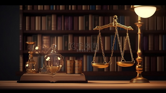 法律字幕条背景图片_低调过滤书架上的金色木槌和法律书籍 3D 渲染