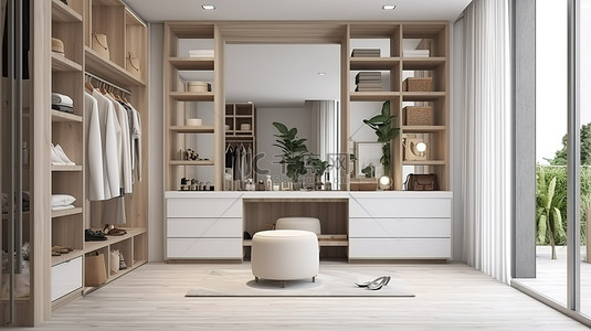 现代白色木质步入式衣柜，配有衣柜和化妆台 3D 渲染