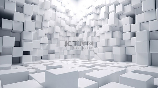 未来主义的白色立方体盒子以 3D 渲染堆叠在墙壁和地板上，用于艺术背景设计