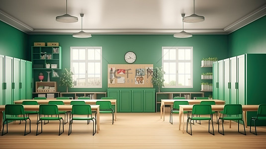 现代教室的 3D 渲染，配有时尚的书桌绿色座椅和衣柜