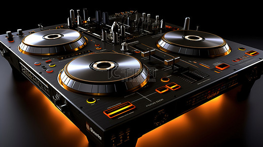 工作室黑暗中 DJ 转盘和混音器设备的 3D 渲染