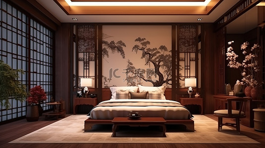 华丽的中国风格酒店房间，配有 3D 渲染电视