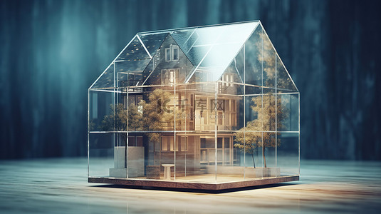 概念城市背景图片_3D 渲染概念房子装在玻璃笼子里