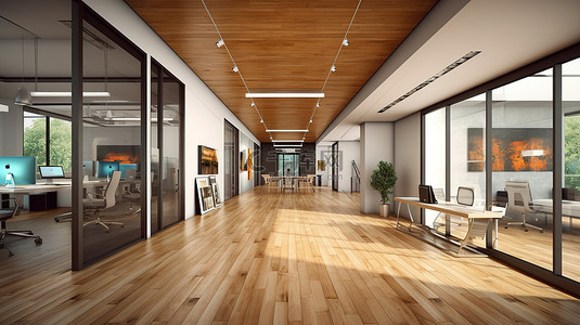 干净玻璃背景图片_现代办公室入口配有时尚的木地板和高效的室内 3D 渲染