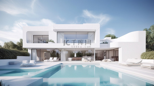 现代白色别墅，拥有令人惊叹的花园和游泳池，3D 渲染