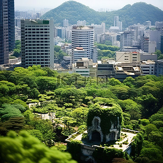 山中城市，树木覆盖并占据主导地位