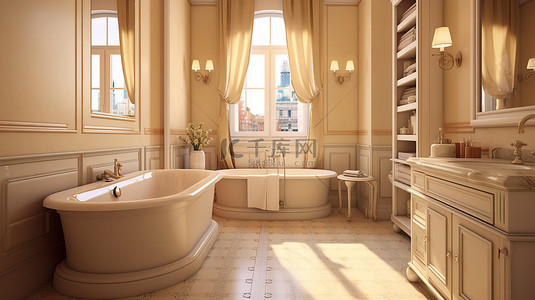 日系奶油风背景图片_时尚的私人住宅浴室配有窗奶油和浅灰褐色混合瓷砖设计 3D 渲染