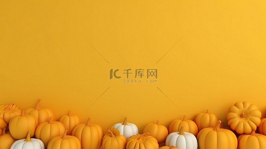 空白纸周围环绕着欢快的黄色和橙色南瓜感恩节主题 3D 渲染