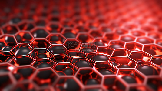 深红色背景下石墨烯分子纳米技术结构的 3D 渲染