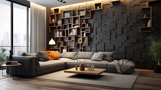 家具几何背景图片_3D 渲染的客厅配有时尚的灰色家具和几何装饰