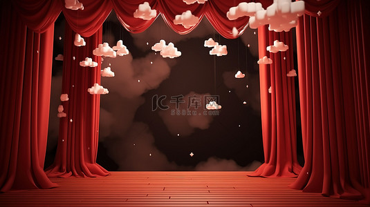 甜美的红色窗帘悬挂着纸云和 3D 渲染中闪闪发光的星星