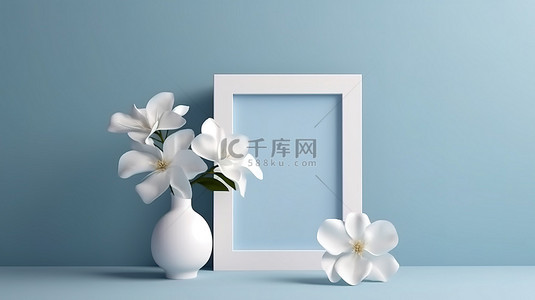 3D 渲染，具有在宁静的蓝色背景上带有花卉和植物元素的相框模型